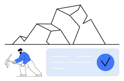Man mining with pickaxe near mountain and achievement checkmark for milesto.. Stock Illustration