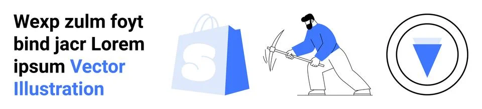 Man Mining with Pickaxe, Shopping Bag Icon, and Blue Triangle in Circle Stock Illustration