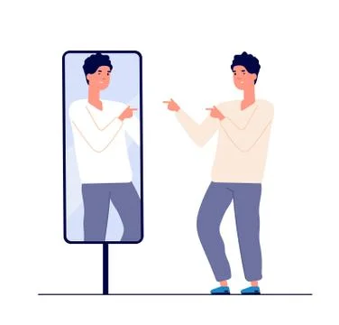 Man at mirror. guy self looking reflection, love of self. narcissism and vanity Stock Illustration