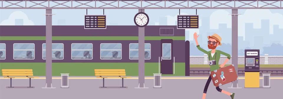 Man missing the train, hurrying at trainstation Stock Illustration
