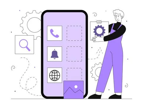 Man with mobile application service vector line Stock Illustration