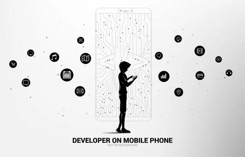 Man with mobile phone and software development programming tag icon shaped mo Stock Illustration