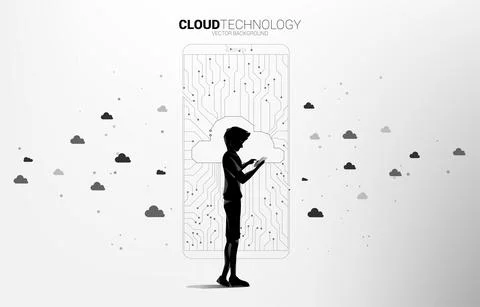 Man with mobile phone with cloud icon shaped mobile phone with circuit line g Stock Illustration