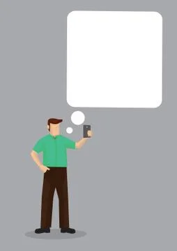 Man with a mobile phone with an empty thinking bubble. Flat isolated vector i Stock Illustration