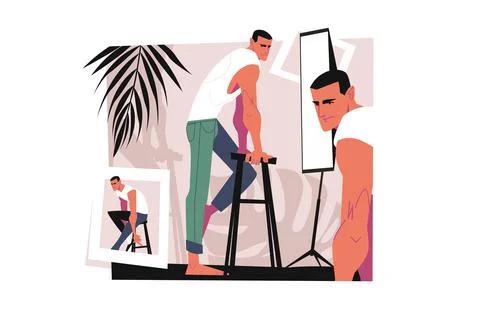 Man model posing in studio, lighting setup Stock Illustration