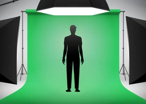 Man model standing on a green background in the photo studio with lighting setup Stock Illustration