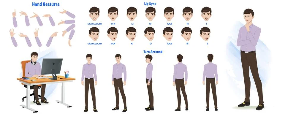 A man modelsheet. man turn around sheet, hand gestures, lip sync Stock Illustration