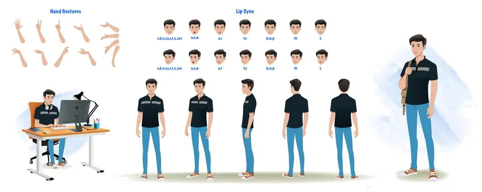 A man modelsheet. man turn around sheet, hand gestures, lip sync Stock Illustration