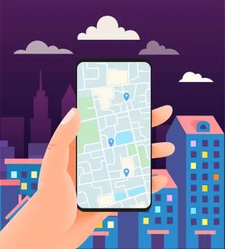 Man with modern smartphone. Using navigation mobile app Stock Illustration