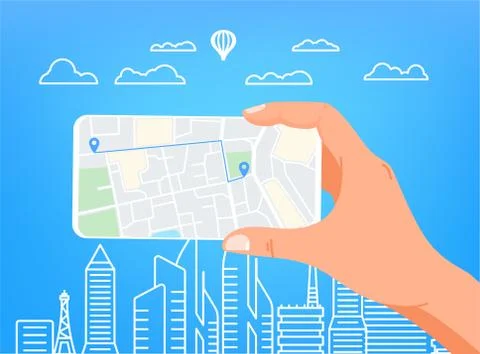 Man with modern smartphone. Using navigation mobile app Stock-Illustration