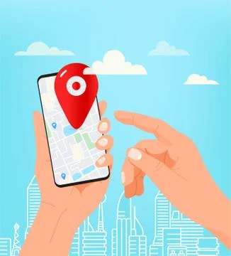 Man with modern smartphone. Using navigation mobile app 스톡 일러스트