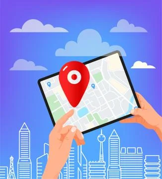 Man with modern tablet computer. Using navigation mobile app Illustrazione stock