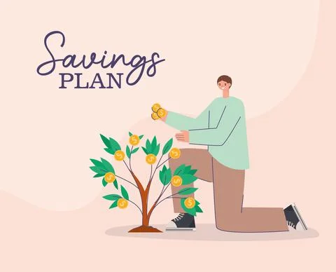 Man, money tree and saving plan lettering Stock Illustration