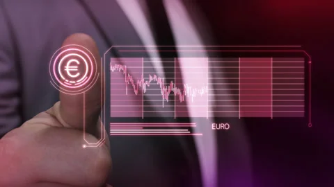 A man monitors the fall of the euro on a virtual panel. Stock Footage 250503250