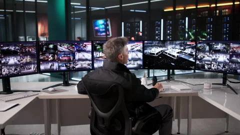 Man Monitors Multiple Advanced Surveillance Cameras Stock Footage 329683402