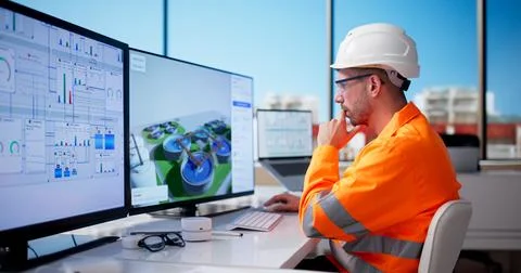 Man Monitors Water Purification System Using Advanced Computer Controls Today Stock Photos