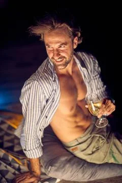 Man  at the moon night and  drinking wine Stock Photos