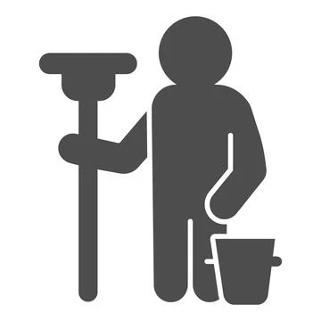 Man with mop and bucket solid icon, car washing concept, wash specialist sign on Stock-Illustration