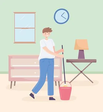 Man with mop cleaning Stock Illustration