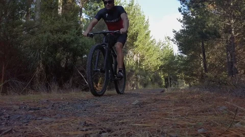A Man Mountain Biking On forestry road in slow motion Stock Footage 108964035