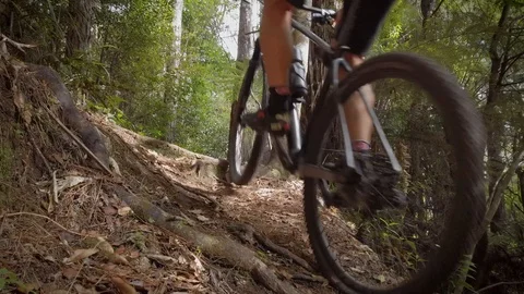 A Man Mountain Biking On A Singletrack Dirt Trail Through A Forest in slow Video stock 108964045