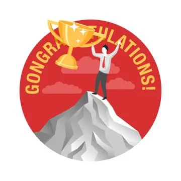 Man on mountain top with first place cup Stock Illustration