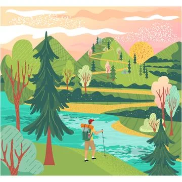 Man in mountain vector landscape flat illustration Stockillustratie