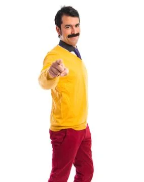 Man with moustache pointing to the front Stock Photos