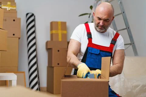 Man mover in uniform packing boxes for relocation Stock Photos