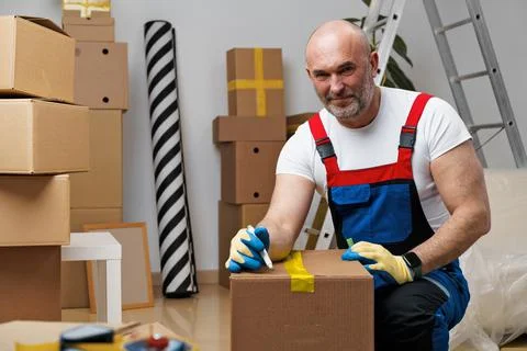 Man mover in uniform packing boxes for relocation Stock Photos