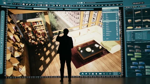 Man moving assets in 3D modeling program with remote control gadget 動画素材 329721371