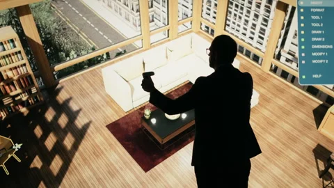 Man moving assets in 3D modeling program with remote control gadget Stock Footage 329945533