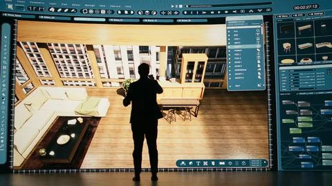 Man moving assets in 3D modeling program with remote control gadget Stock Photos