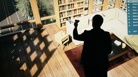 Man moving assets in 3D modeling program with remote control gadget Stock Photos
