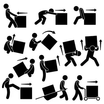 Man Moving Box Actions Postures Stick Figure Pictogram Icons Illustrazione stock