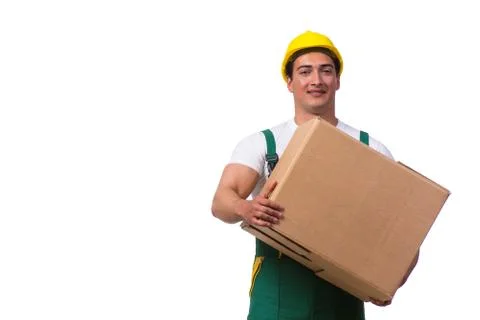 Man moving boxes isolated on the white background Stock Photos