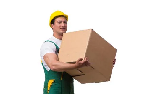 Man moving boxes isolated on the white background Stock Photos