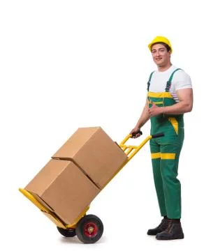 Man moving boxes isolated on the white background Stock Photos