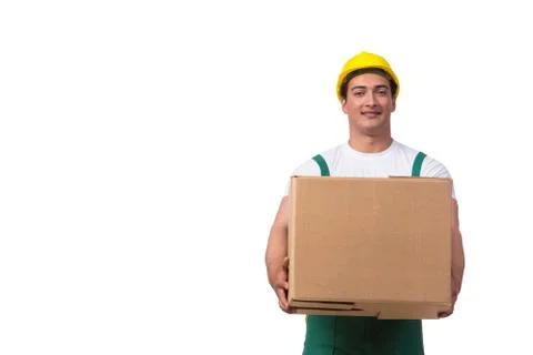 Man moving boxes isolated on the white background Stock Photos