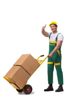 Man moving boxes isolated on the white background Stock Photos