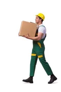 Man moving boxes isolated on the white background Stock Photos