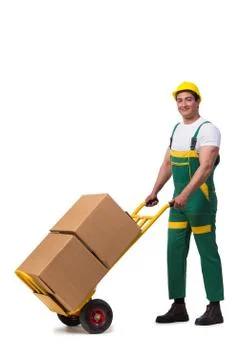 Man moving boxes isolated on the white background Stock Photos