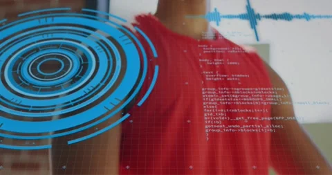 Man moving into frame, warmup gesture starting adjusting wrist device, HUD, code Stock Footage 331197599