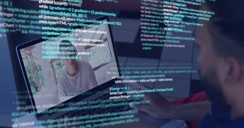 Man moving hands on laptop in call, code overlay scrolling, obscuring hands and Stock Footage 329533715