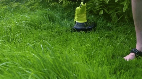 Man moving the lawn with electrical grass cutter Stock Footage 107793051