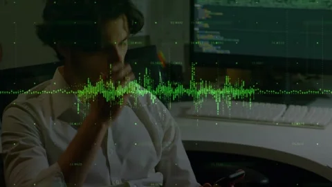 Man moving from leaning to reaching, tapping phone and causing waveform dots Stock Footage 327803310