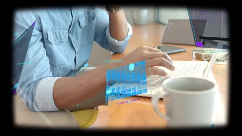 Man moving to phone checking tech as UI sliding over hands returning to laptop Stock Footage 334114544
