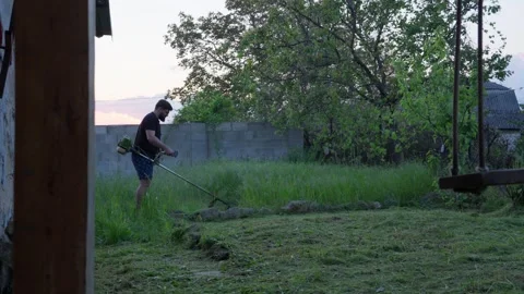Man Mowing Grass in Backyard During Summer Evening Stock Footage 341767806