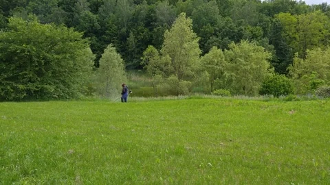 A man is mowing grass in a clearing. Stock-Footage 310631944