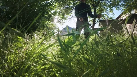 Man mowing grass with electric trimmer from ground level in slow motion backl Stock Footage 340143172